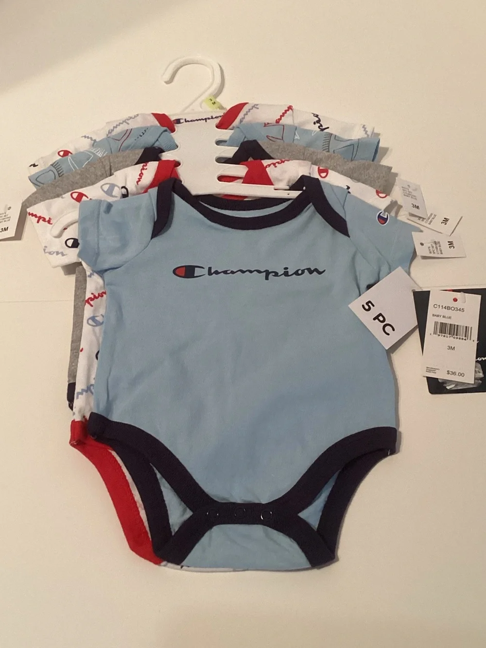 Champion Baby Blue Logo One-Piece Bodysuit - 5 Pack NWT